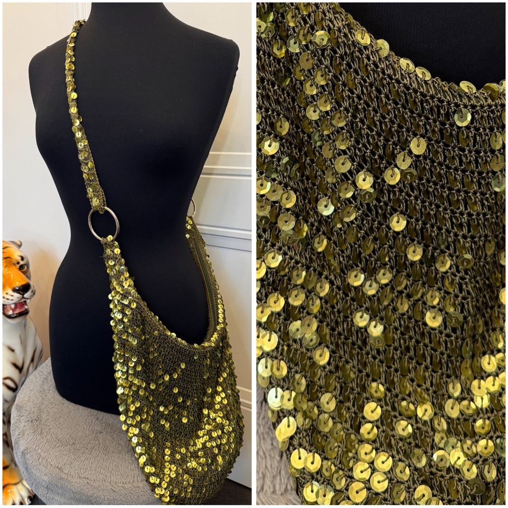 Y2K CROCHET SEQUIN SLING BAG GREEN VTG FASHION EXPRESS